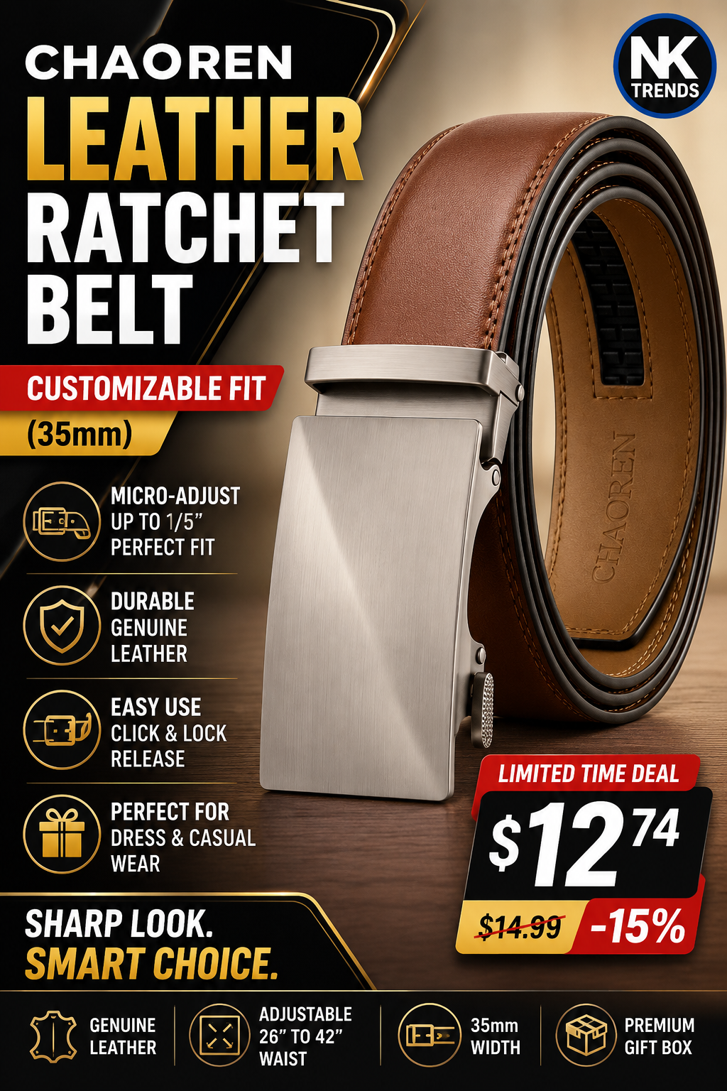 CHAOREN Men's Leather Ratchet Belt – Adjustable Genuine Leather Dress & Casual Belt — image 1