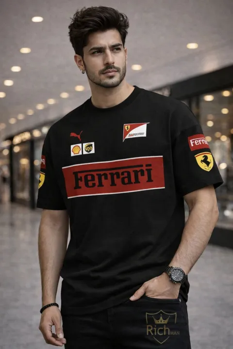 Ferrari Racing Drop Shoulder T-Shirt for Men – Premium Cotton Summer Oversized Tee — image 1