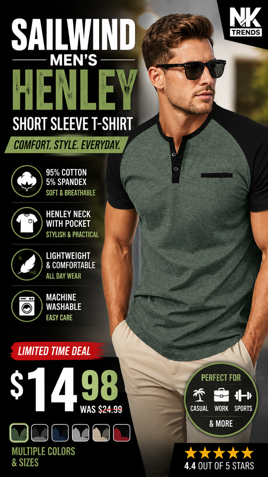 Sailwind Men's Cotton Henley Shirt – Short Sleeve Raglan Casual T-Shirt — image 1