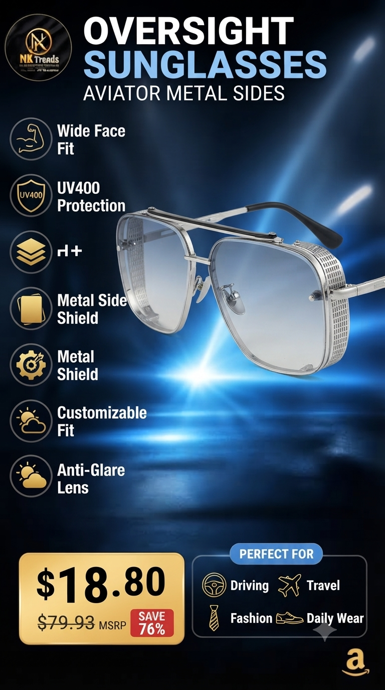 Oversized Square Aviator Sunglasses with Metal Side Shields | NK Trends — image 1