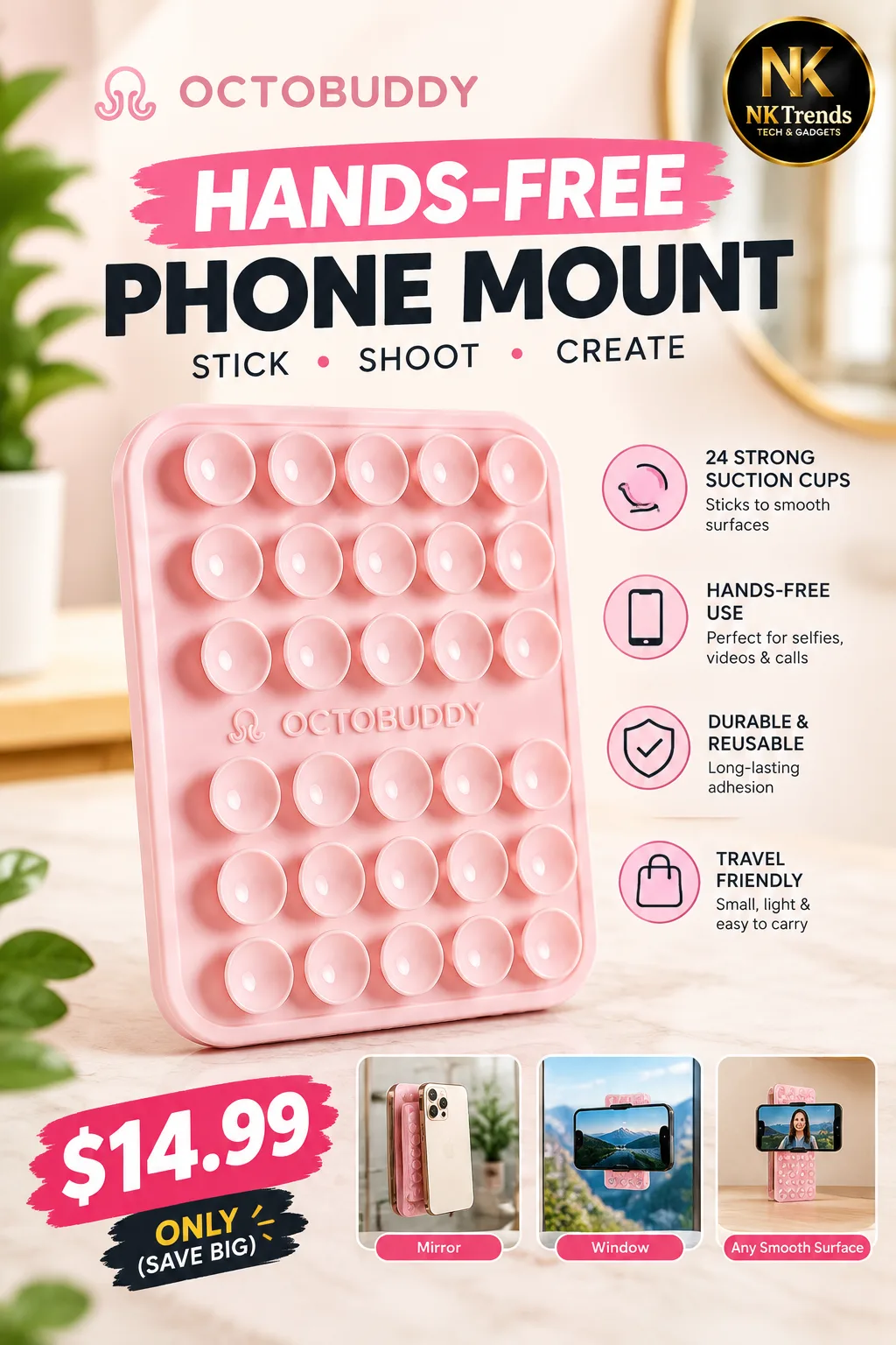 OCTOBUDDY Classic Silicone Suction Phone Case Adhesive Mount (Chalk Pink) — image 1