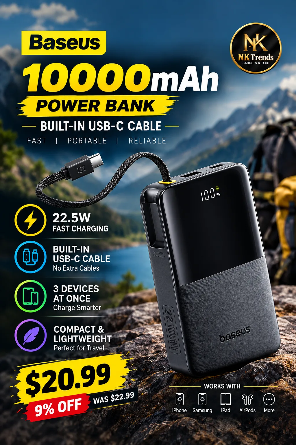 Baseus 10000mAh 22.5W Fast Charging Power Bank with Built-in USB-C Cable — image 1