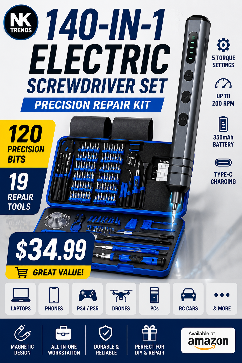 UnaMela 140-in-1 Mini Electric Screwdriver Set – 120 Precision Bits & 19 Repair Tools — image 1