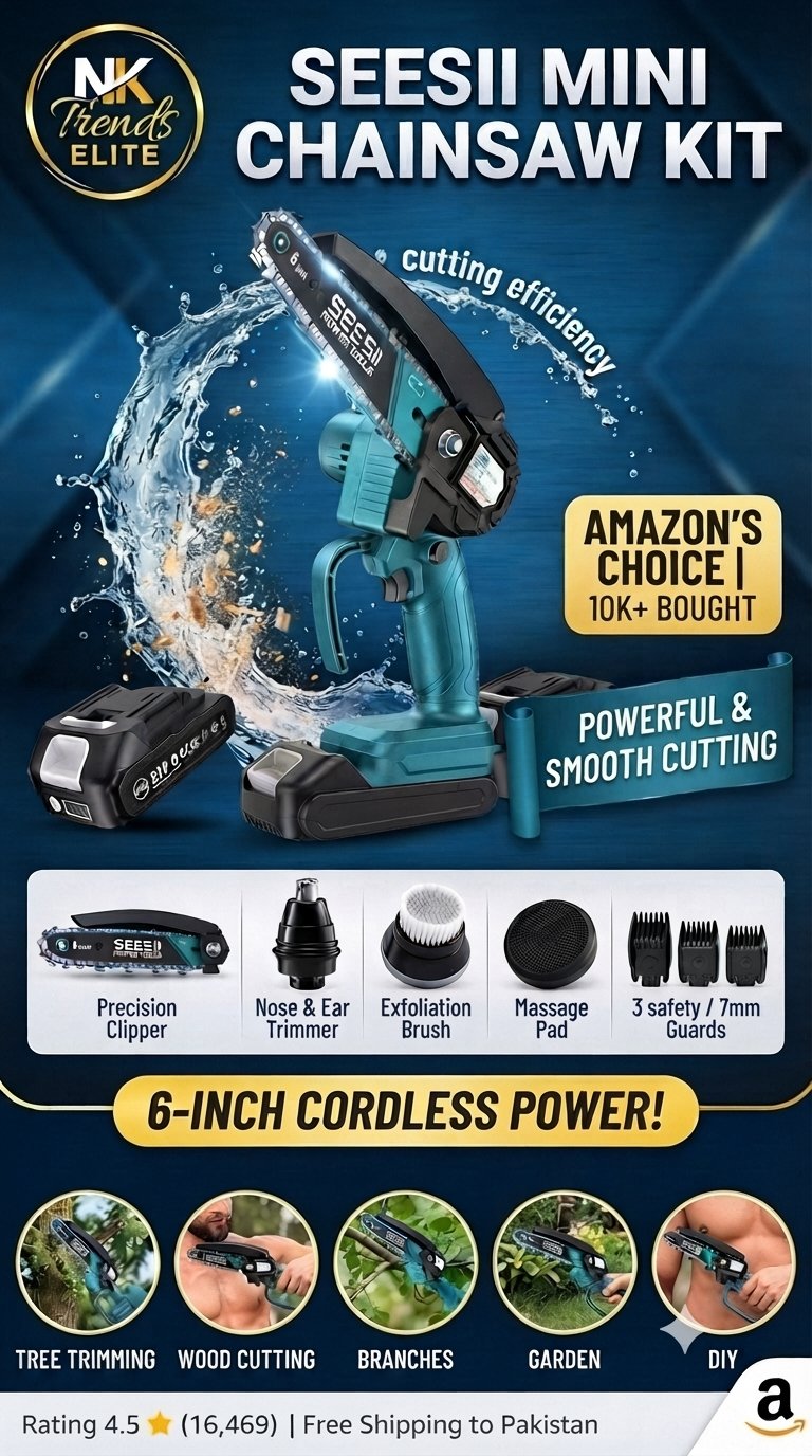 Seesii 6-Inch Cordless Mini Chainsaw Kit with 2 Batteries (Blue) | NK Trends — image 1