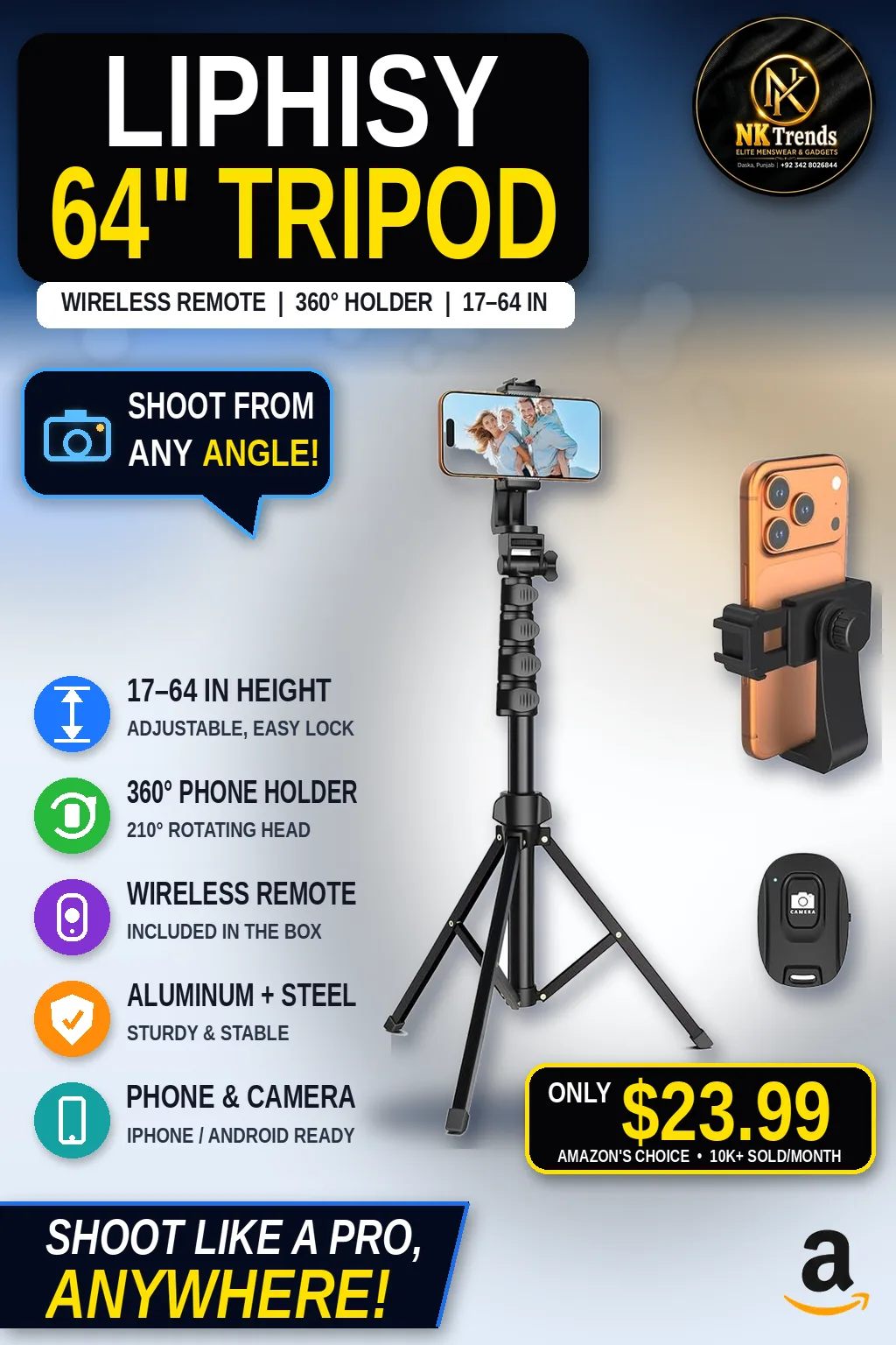 Liphisy 64” Tall Sturdy Phone & Camera Tripod Stand with Remote (Black) | NK Trends — image 1