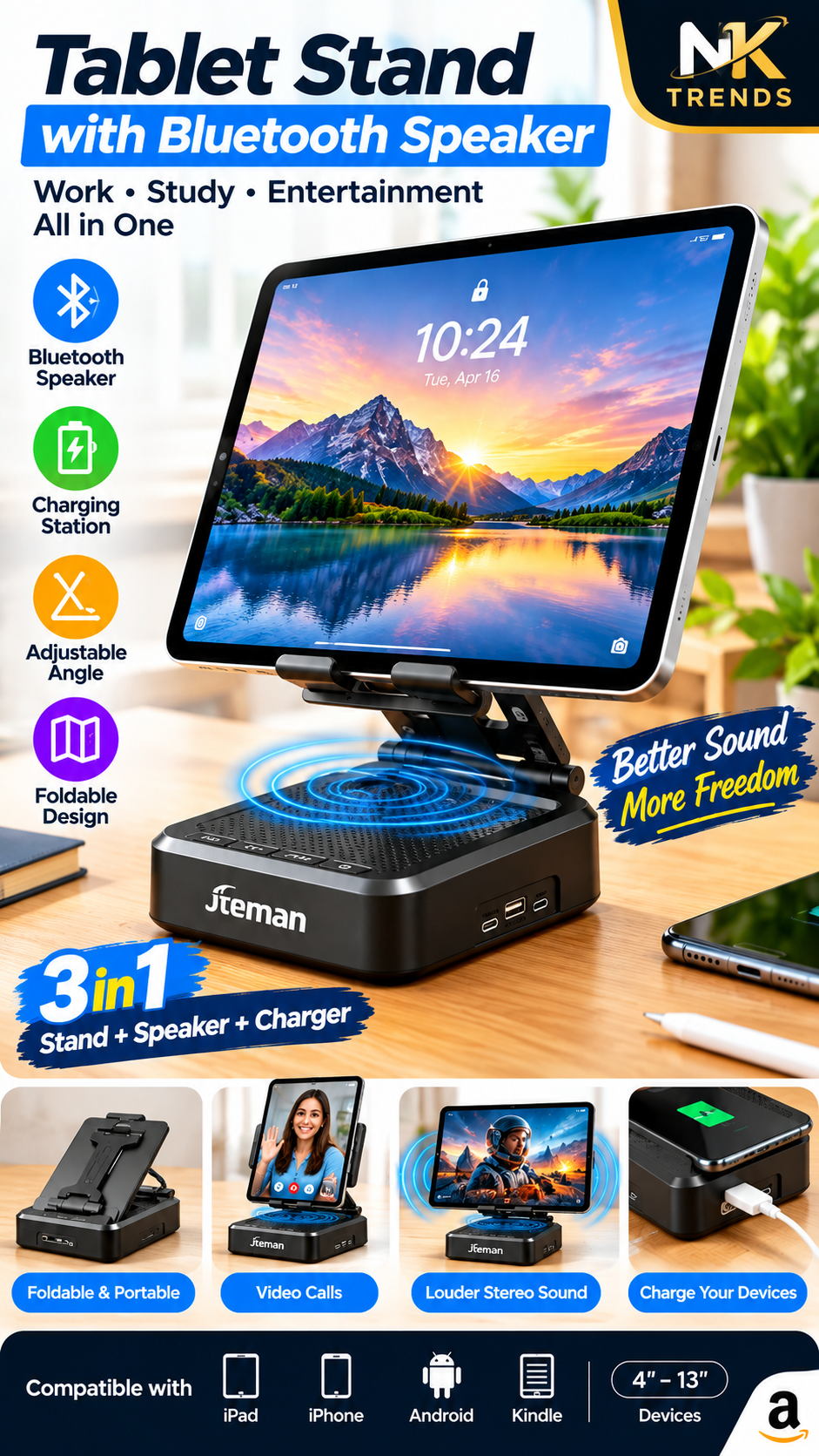 JTEMAN Tablet Stand with Built-in Bluetooth Speaker | NK Trends — image 1