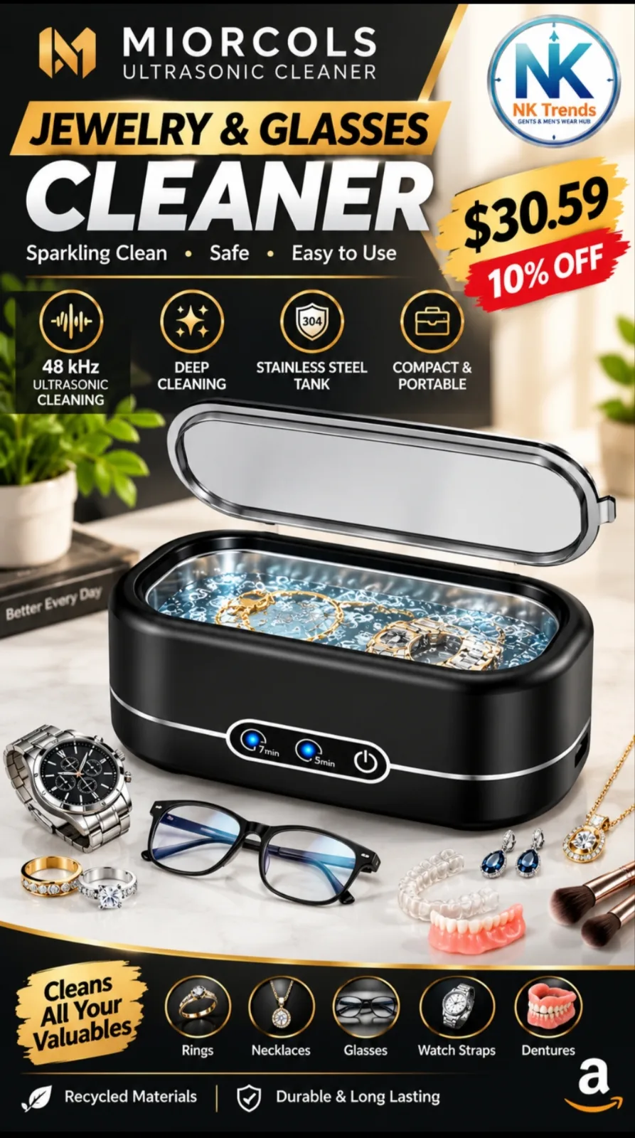 Miorcols 48KHz Ultrasonic Jewelry Cleaner Machine (Matte Black) — image 1