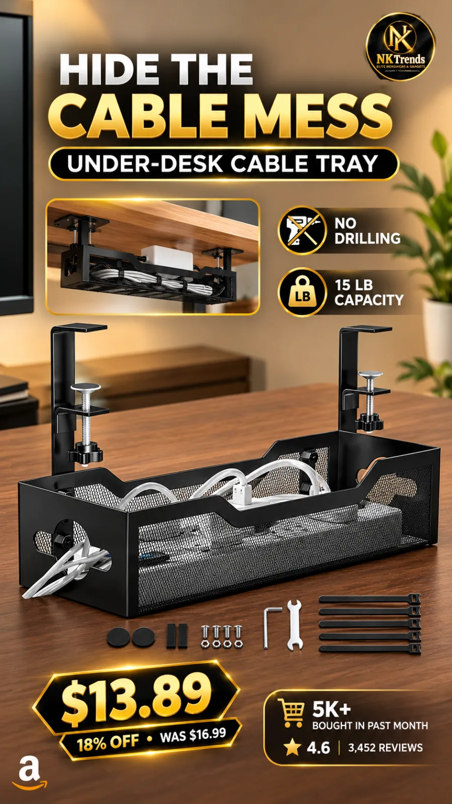 Litwaro Under Desk Cable Management Tray (13.4" Metal Cord Organizer) — image 1