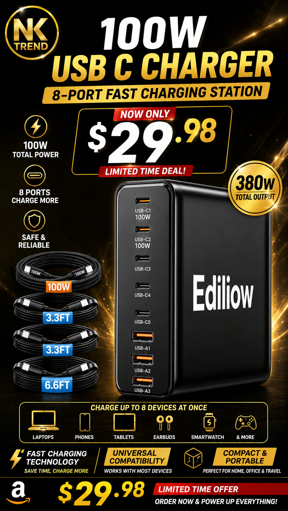 Edilow 380W USB-C Charging Station – 8-Port Multi-Device Charger Price: $29.98 Keep your charging setup organized with — image 1