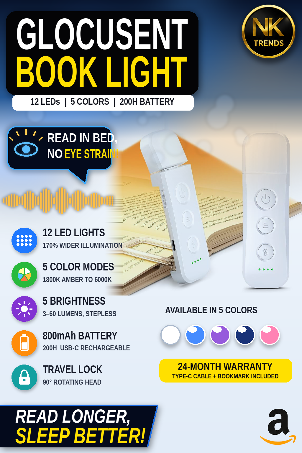 Glocusent 12 LED Rechargeable Book Light for Reading (White) | NK Trends — image 1