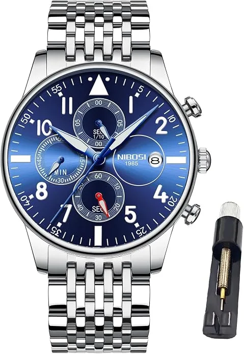 NIBOSI Men's Luxury Silver Quartz Analog Watch - Stainless Steel Classic Chronograph with Date Display & Luminous Hands — image 1