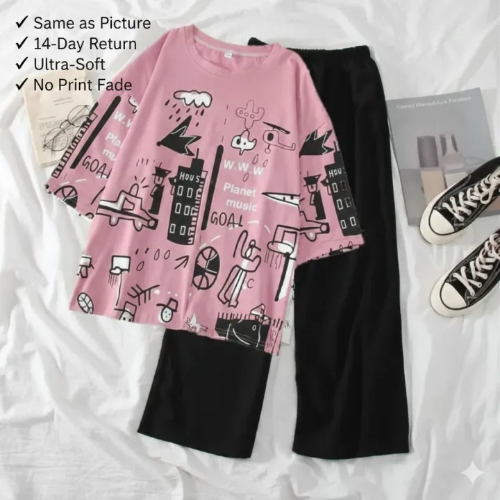 Cartoon Graphic Nightwear Set for Girls & Teens | Soft Cotton Summer 2-Piece Pajama Set — image 3