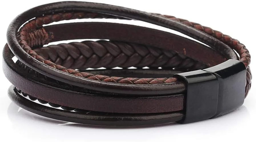 Men's Black & Brown Leather Multi-Strand Braided Bracelet (8.3") — image 2