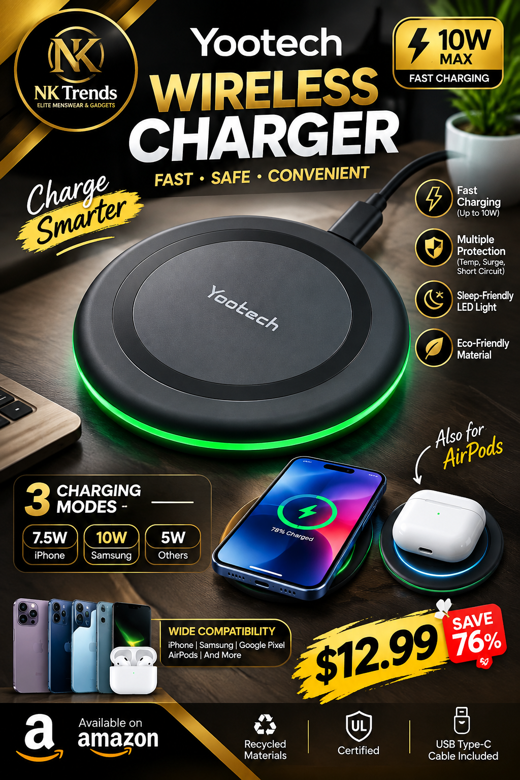 Yootech 10W Max Wireless Charging Pad (Black/Black) | NK Trends — image 1