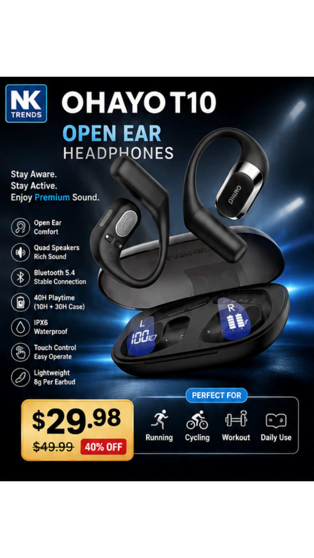 OHAYO T10 Open Ear Headphones – Bluetooth 5.4, 40H Playtime, IPX6 — image 1