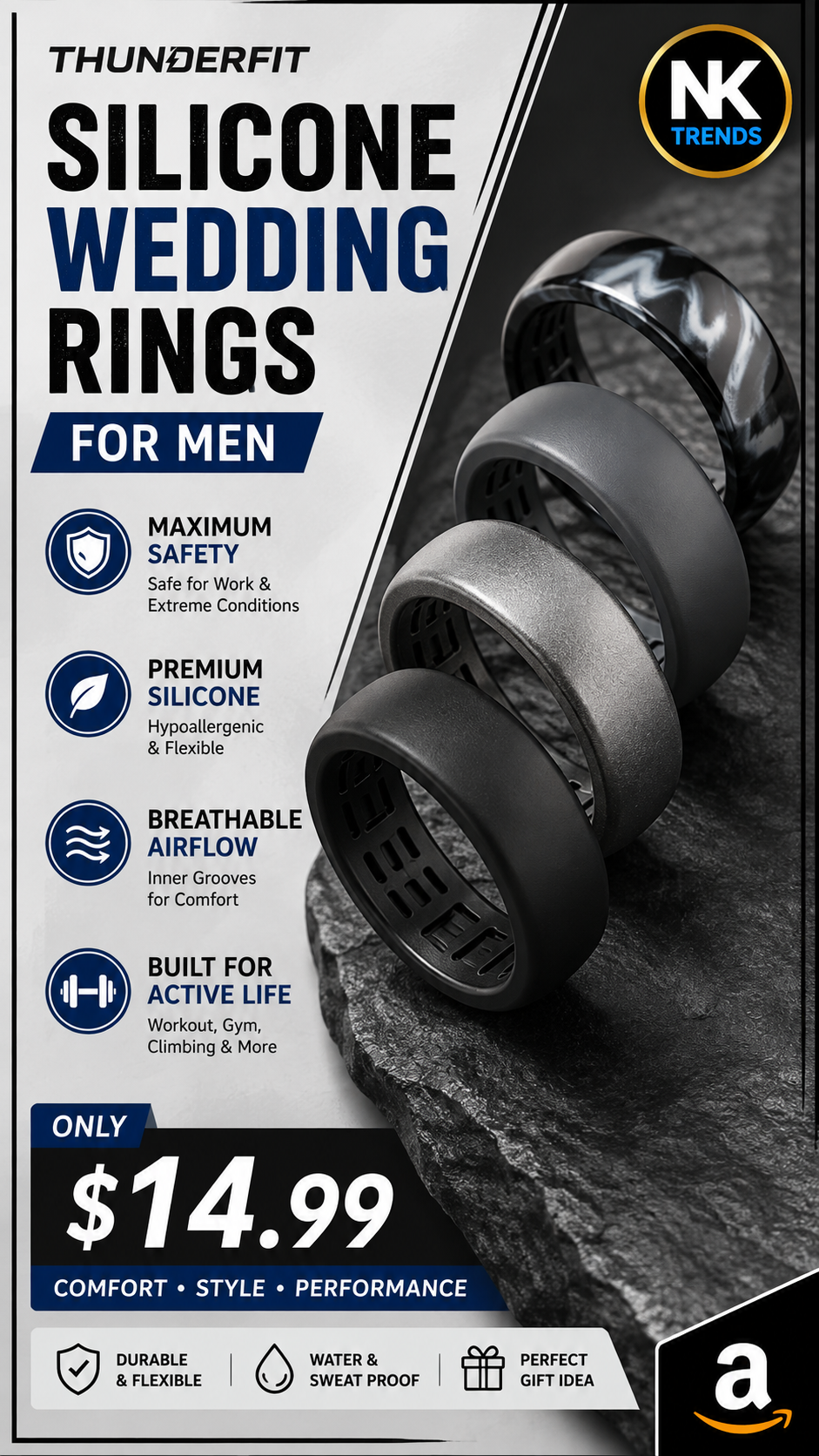 ThunderFit Silicone Wedding Rings for Men, Breathable Airflow Inner Grooves | NK Trends — image 1