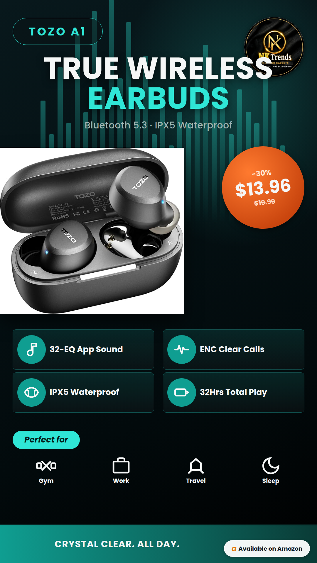 TOZO A1 Wireless Earbuds Bluetooth 5.3 (Black) | NK Trends — image 1