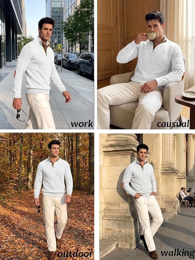 Men's Casual Knitted Pullover Sweater with Elbow Patches (White) | NK Trends — image 4