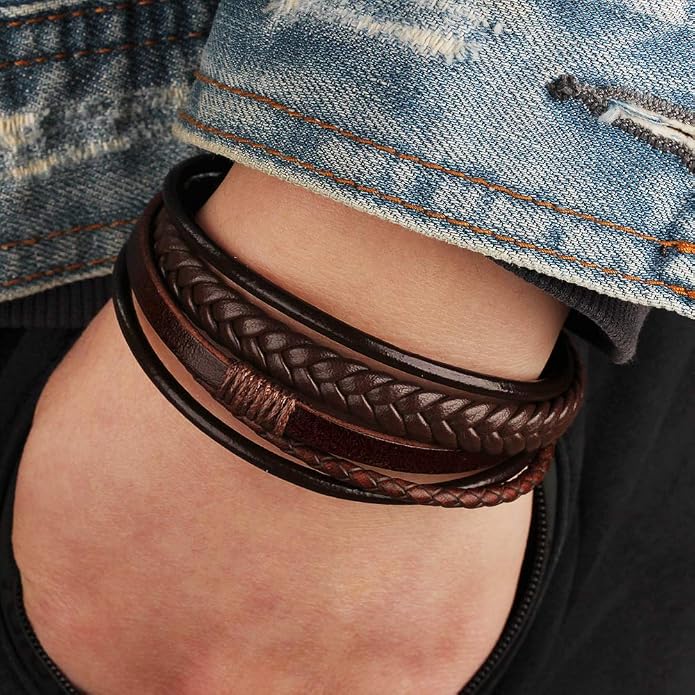 Men's Black & Brown Leather Multi-Strand Braided Bracelet (8.3") — image 5