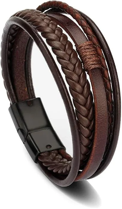 Men's Black & Brown Leather Multi-Strand Braided Bracelet (8.3") — image 1