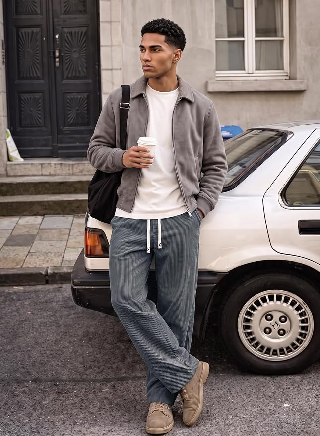 JMIERR Men's Corduroy Wide Leg Pants, Baggy Drawstring Casual Sweatpants for Fall and Winter Streetwear — image 2