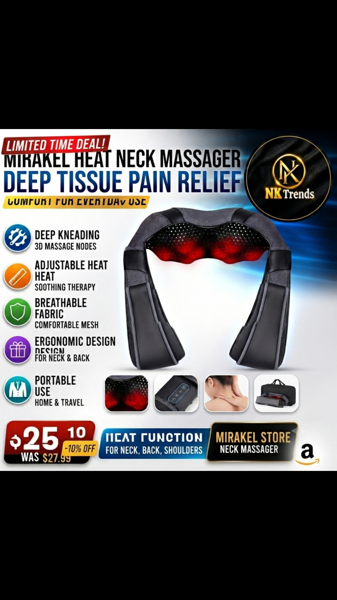 Mirakel Heat Neck Massager for Pain Relief Deep Tissue | NK Trends — image 1