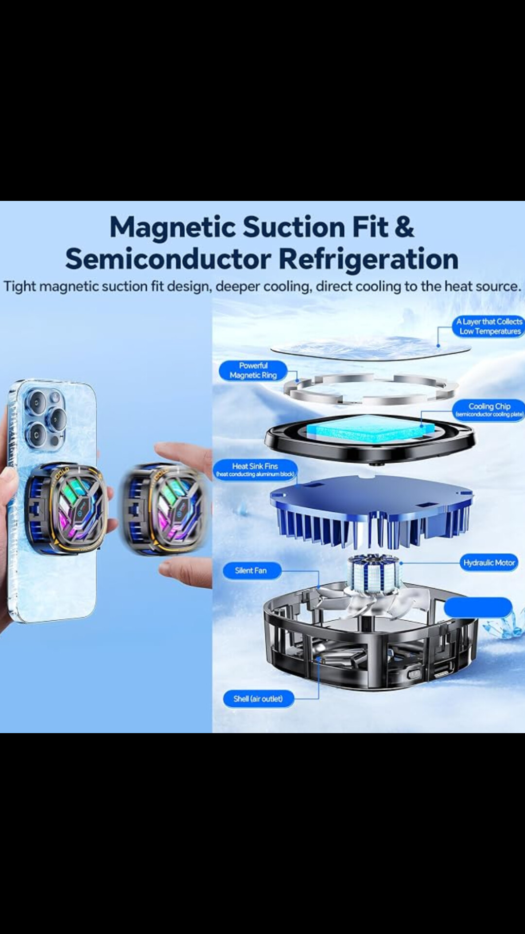 CHONCHOW Magnetic Phone Cooler – Rapid Refrigeration Cooling Fan with RGB Lights, 3 Cooling Levels & Temperature Display — image 6