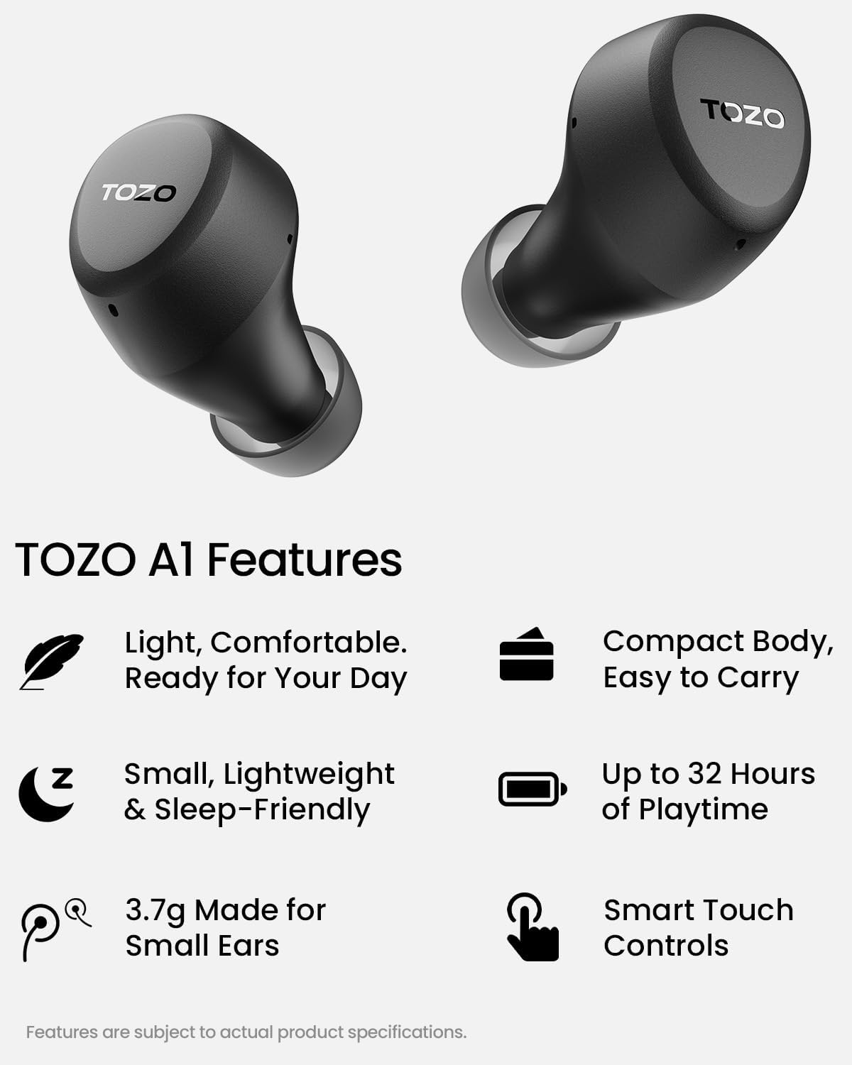 TOZO A1 Wireless Earbuds Bluetooth 5.3 (Black) | NK Trends — image 2