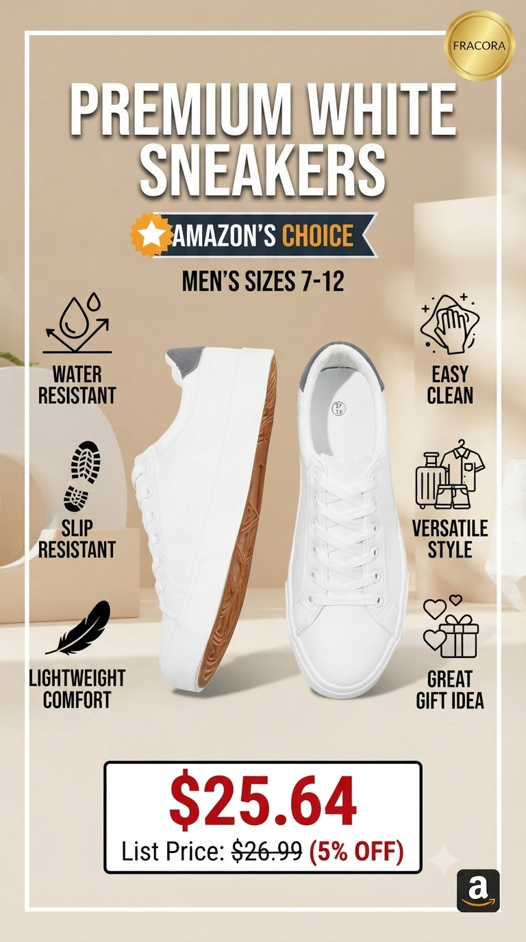 Get the FRACORA Men's White PU Leather Tennis Shoes on sale for just $25.64 (5% off, List Price: $26.99). Features a wat — image 1