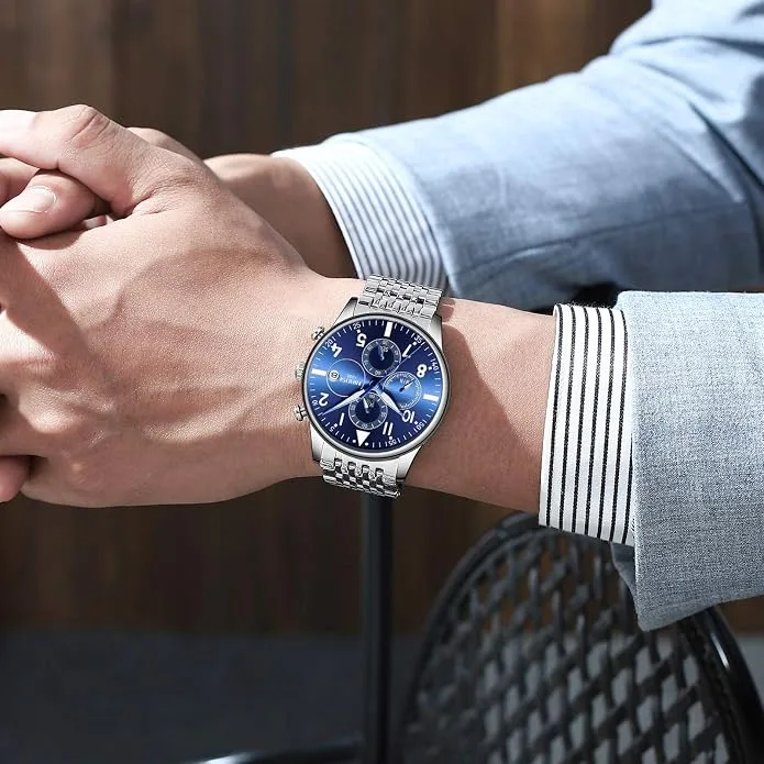 NIBOSI Men's Luxury Silver Quartz Analog Watch - Stainless Steel Classic Chronograph with Date Display & Luminous Hands — image 6