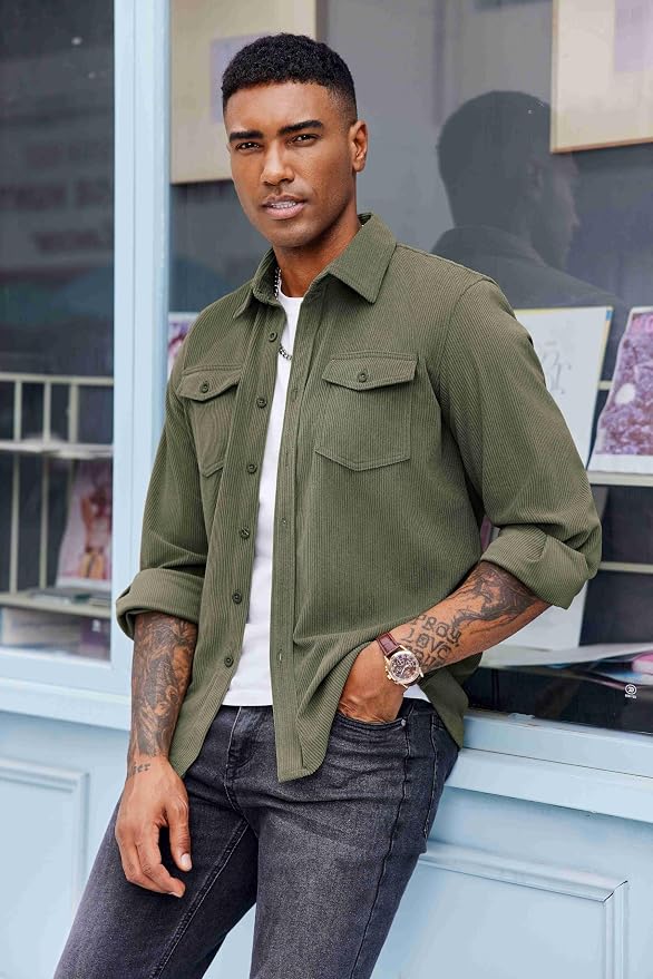 COOFANDY Men's Corduroy Button-Down Shacket & Jacket (Dark Green) | NK Trends — image 3