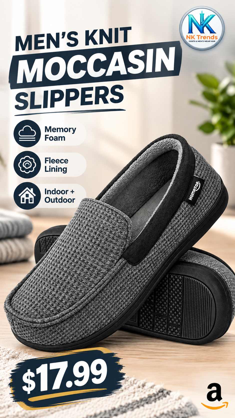 HomeTop Men's Knit Moccasin Memory Foam Slippers (Dark Gray) | NK Trends — image 1