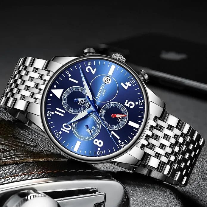 NIBOSI Men's Luxury Silver Quartz Analog Watch - Stainless Steel Classic Chronograph with Date Display & Luminous Hands — image 3