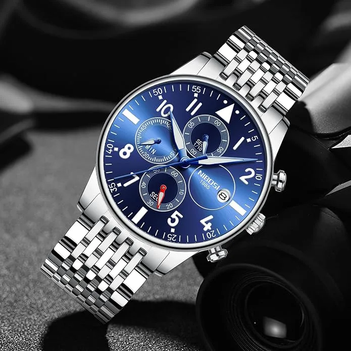 NIBOSI Men's Luxury Silver Quartz Analog Watch - Stainless Steel Classic Chronograph with Date Display & Luminous Hands — image 5