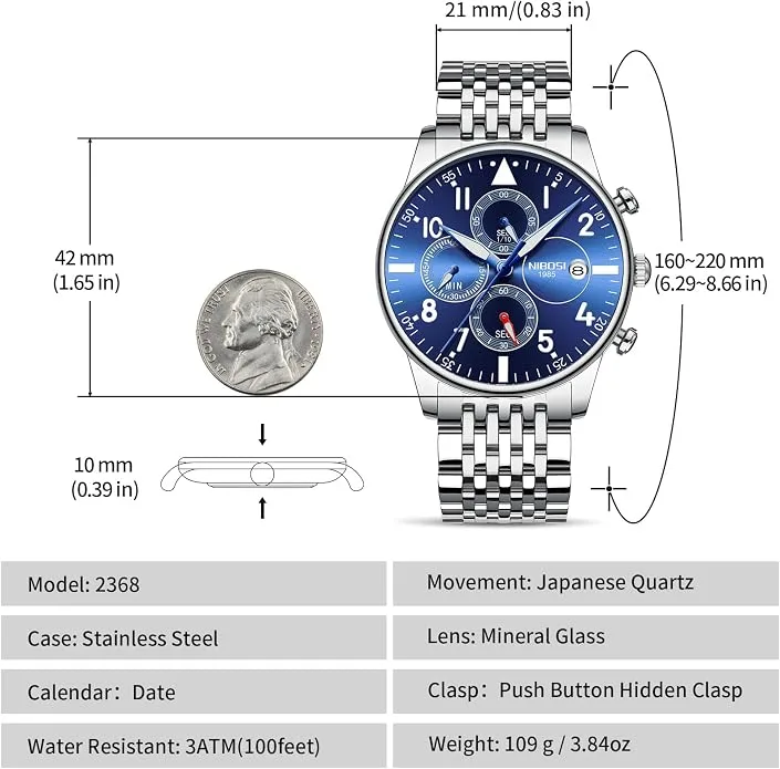 NIBOSI Men's Luxury Silver Quartz Analog Watch - Stainless Steel Classic Chronograph with Date Display & Luminous Hands — image 2