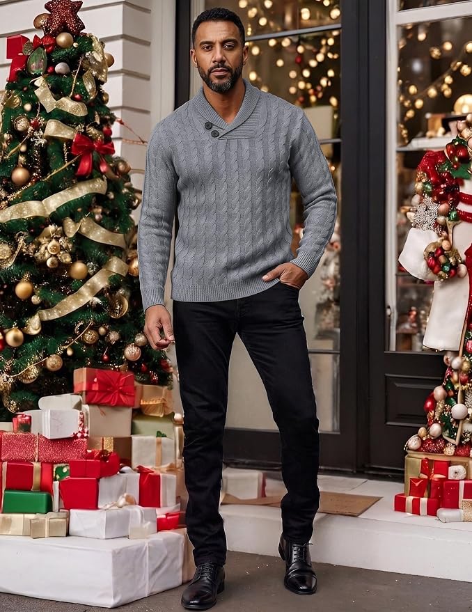 COOFANDY Men's Shawl Collar Slim Fit Cable Knit Pullover Sweater (Grey) | NK Trends — image 6