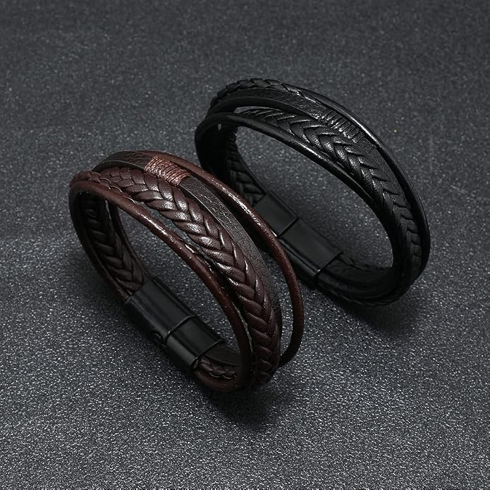 Men's Black & Brown Leather Multi-Strand Braided Bracelet (8.3") — image 3