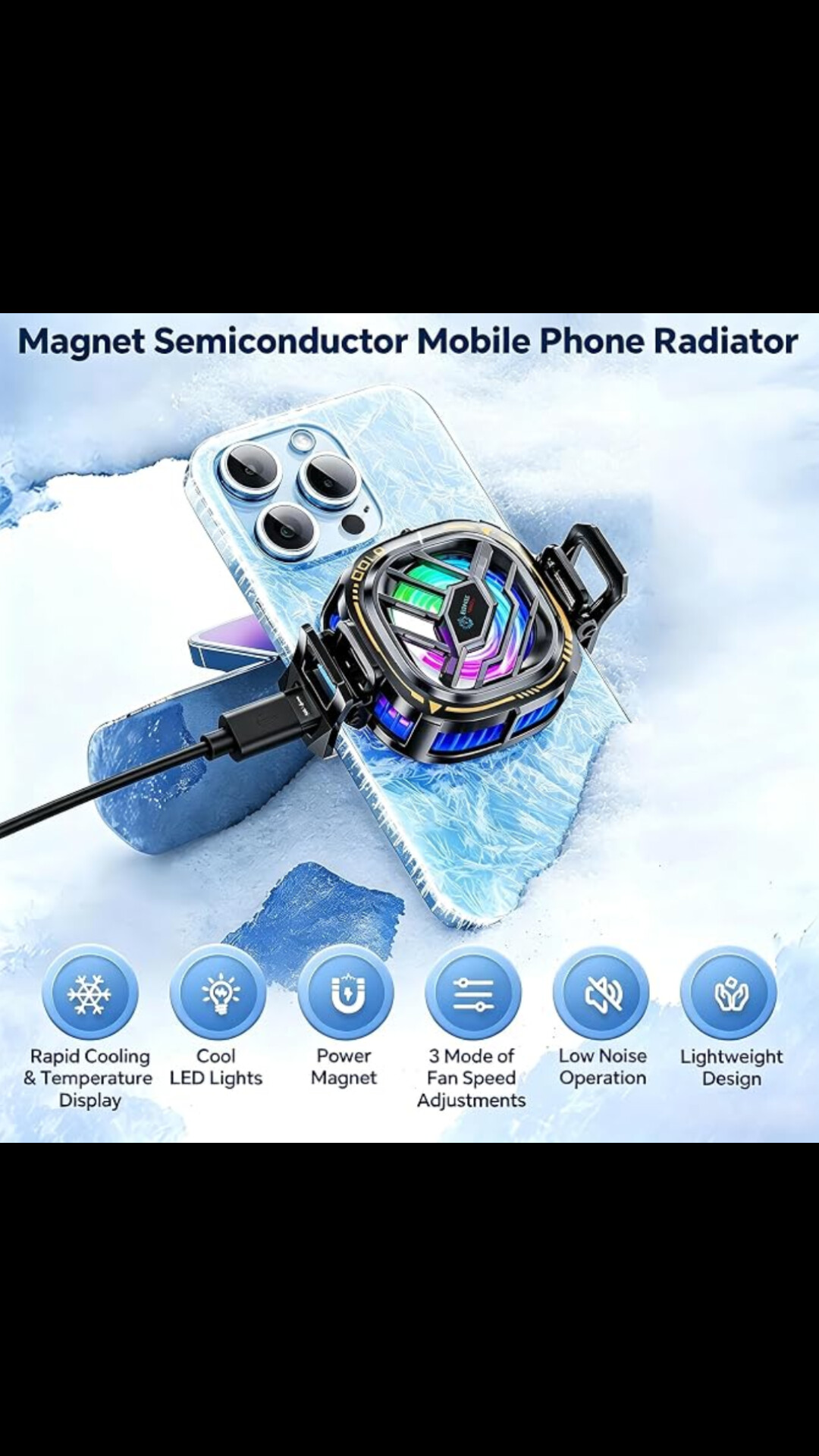 CHONCHOW Magnetic Phone Cooler – Rapid Refrigeration Cooling Fan with RGB Lights, 3 Cooling Levels & Temperature Display — image 2