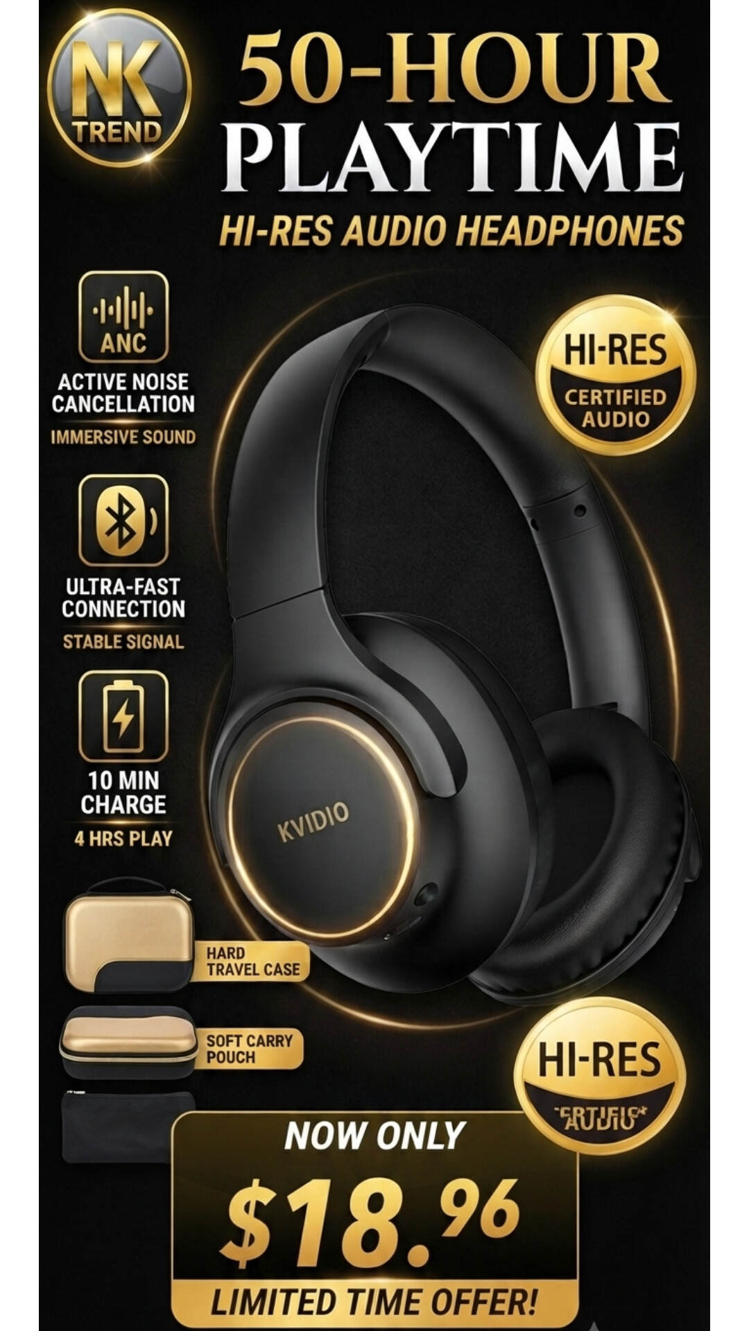 KVIDIO Bluetooth Headphones Wireless Over Ear Headsets 65H Playtime | NK Trends — image 1
